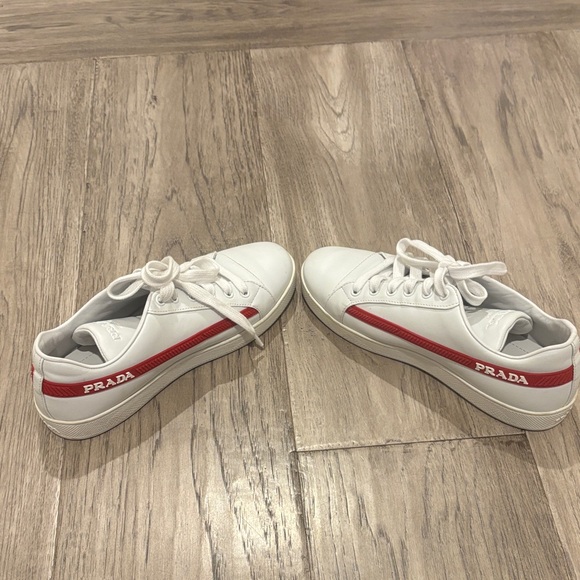 Prada White Sneakers with Red Stripe - Picture 1 of 16